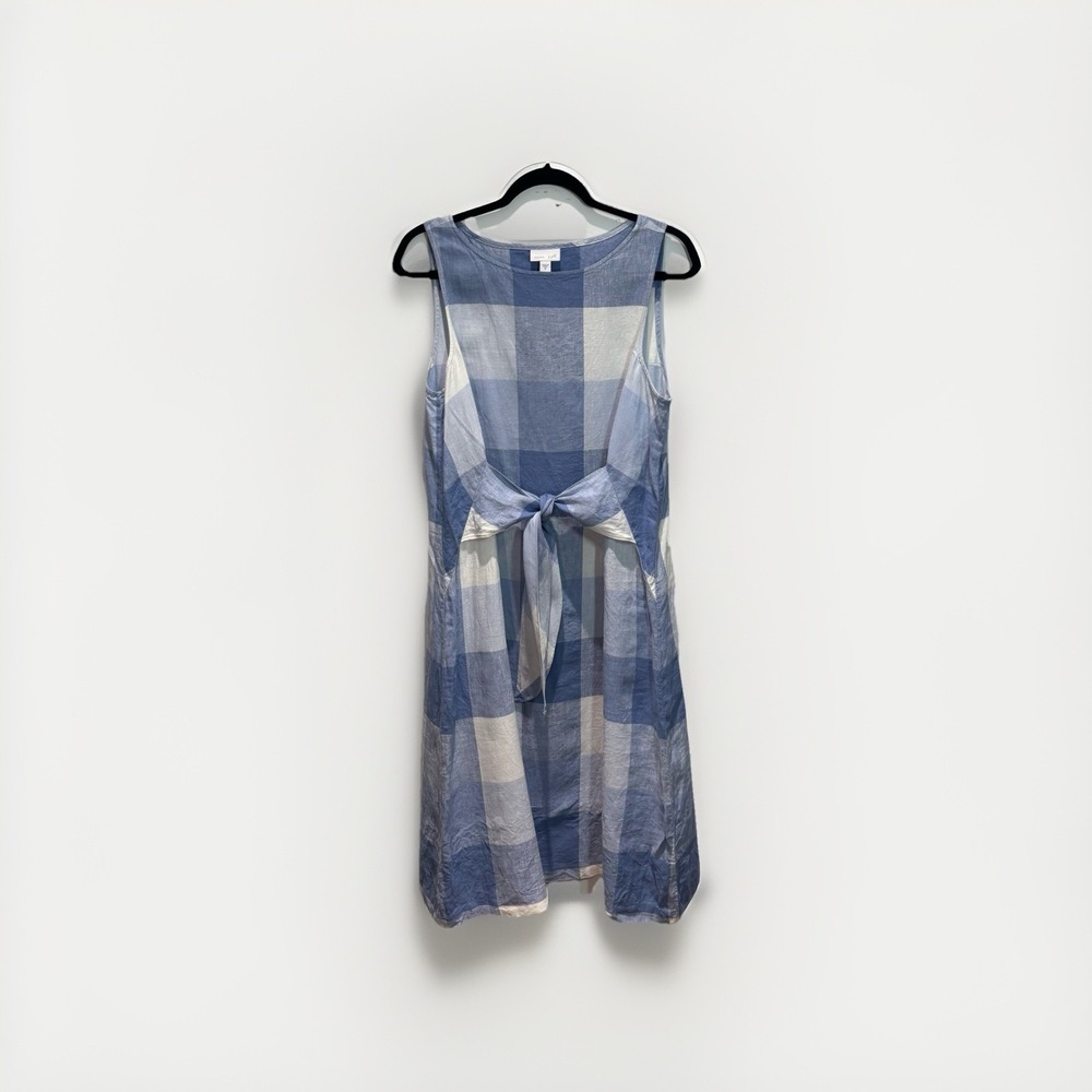 J.JILL Womens Linen Sleeveless Blue White Gingham Tie Front Dress Size Medium